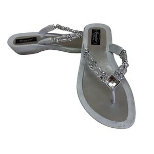Grandco Womens White Silver Jeweled Wedge Flip Flop Sandals Size 8 Boho Glam